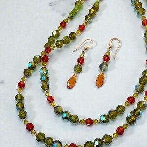 Vintage Gold Muti Color Crystal Beaded Necklace & Earrings Matching Jewelry set